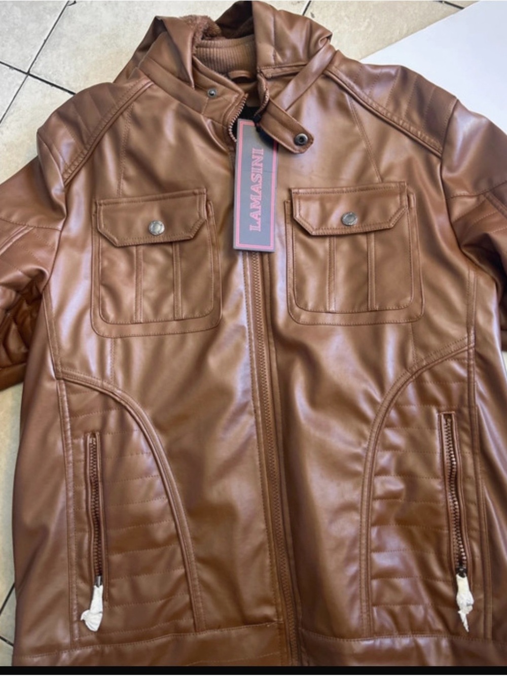 LAMASINI Men's Brown Faux Leather Hooded Jacket